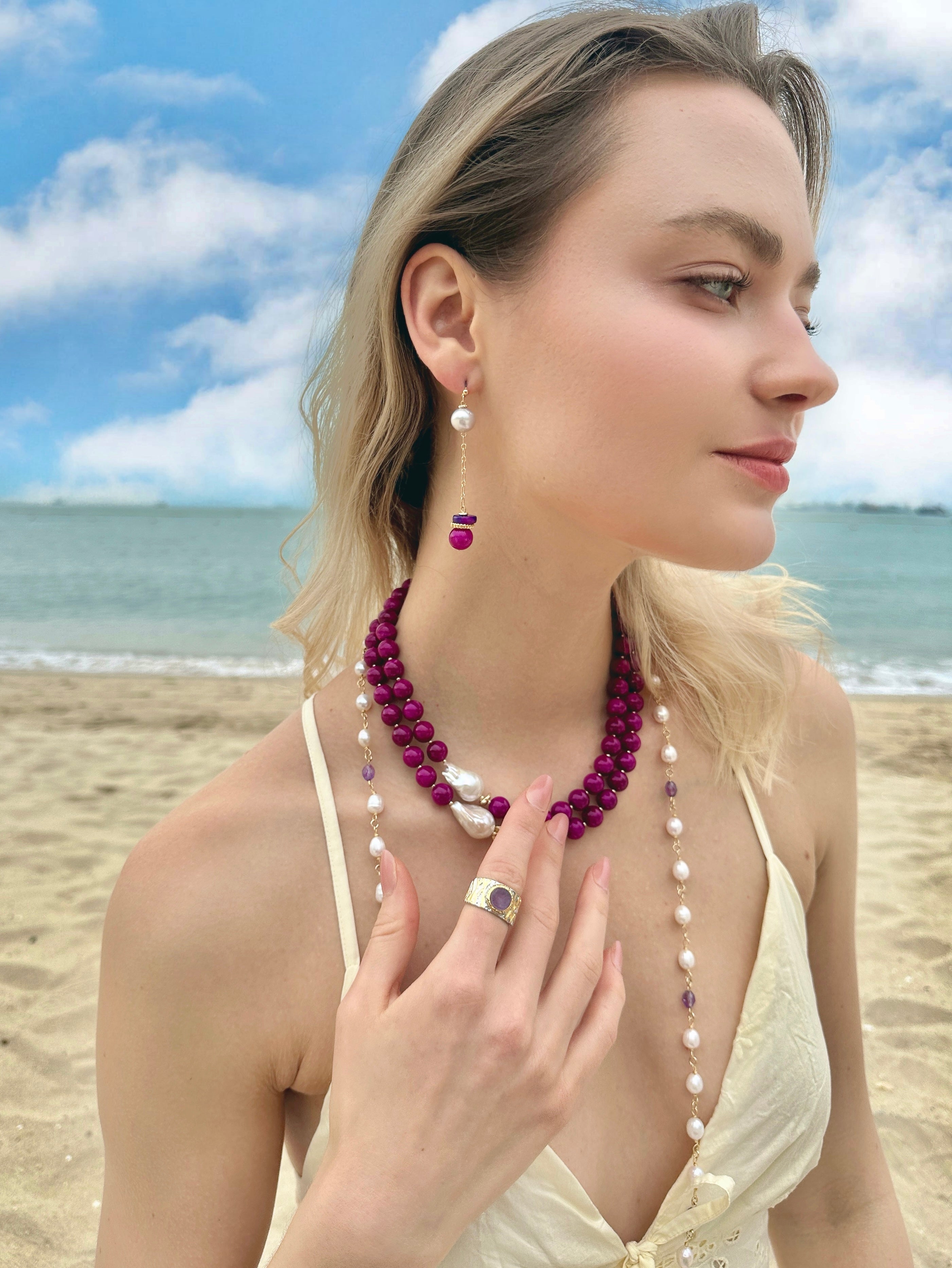 Elegant Gray Freshwater Pearl & Magenta Gemstone Dangle Earrings LE008 | Perfect for Weddings, Parties & Special Occasions
