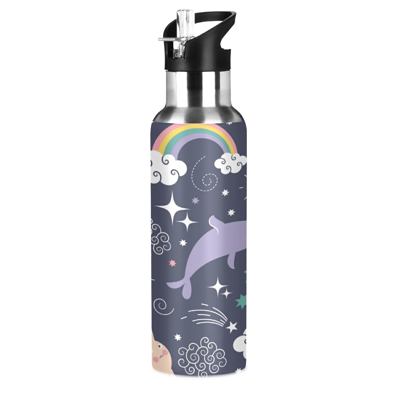 TropicalLife Insulated Stainless Steel Water Bottle with Straw - 24oz Vacuum Insulated Tumbler for Hot & Cold Drinks, Leakproof Narwhal & Rainbow Design - Perfect for School, Sports, Hiking and Outdoor Activities