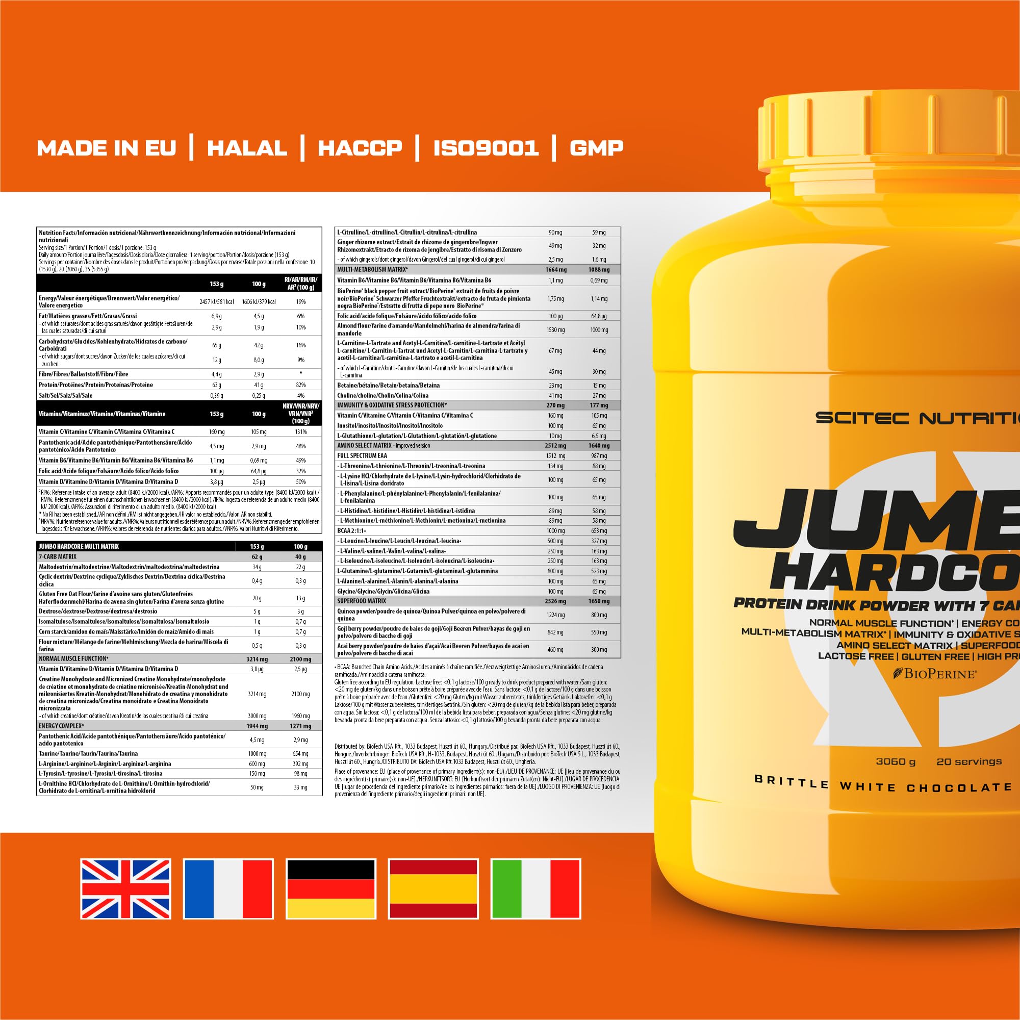 Scitec Nutrition Jumbo Hardcore - High Protein Weight Gainer Powder with Amino Select Matrix, Superfoods, Creatine | 7 Carbs, Gluten & Lactose Free | 3060g Brittle White Chocolate Flavor for Muscle Growth & Post-Workout Recovery