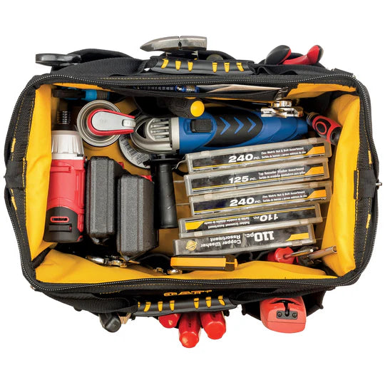 16 Inch Pro Wide Mouth Tool Bag - Heavy Duty Durable Construction for Electricians, Plumbers & Contractors - Perfect for Organizing Tools On Job Sites & DIY Projects