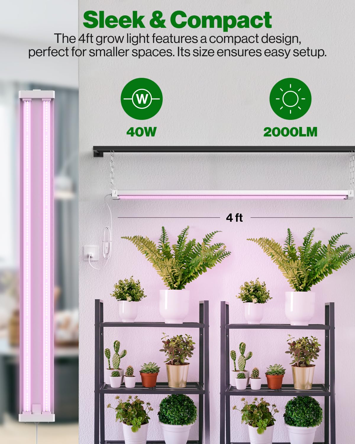 Sunco 4FT LED Grow Lights for Indoor Plants - 40W Full Spectrum Greenhouse Lighting, Hanging Suspended Fixture with Linkable Design (4 Pack) - Perfect for Seedlings, Vegetables, Flowers - Ideal for Hydroponics, Home Gardening & Commercial Greenhouses