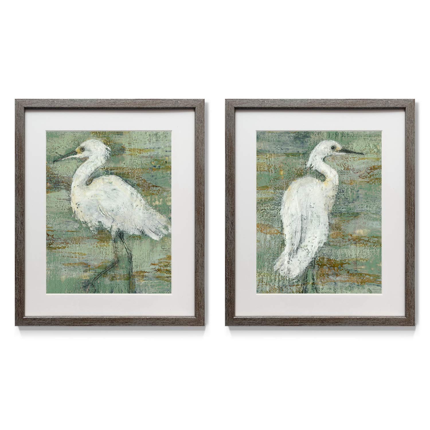 Distressed Silver 2-Piece Framed Wall Art Set - Nautical Coral, Sailboat, Oyster, Wine, Chandelier & Ship Designs - Ready to Hang 16x20 Textured Heron Prints - Perfect for Beach House, Coastal Decor or Living Room Wall Art
