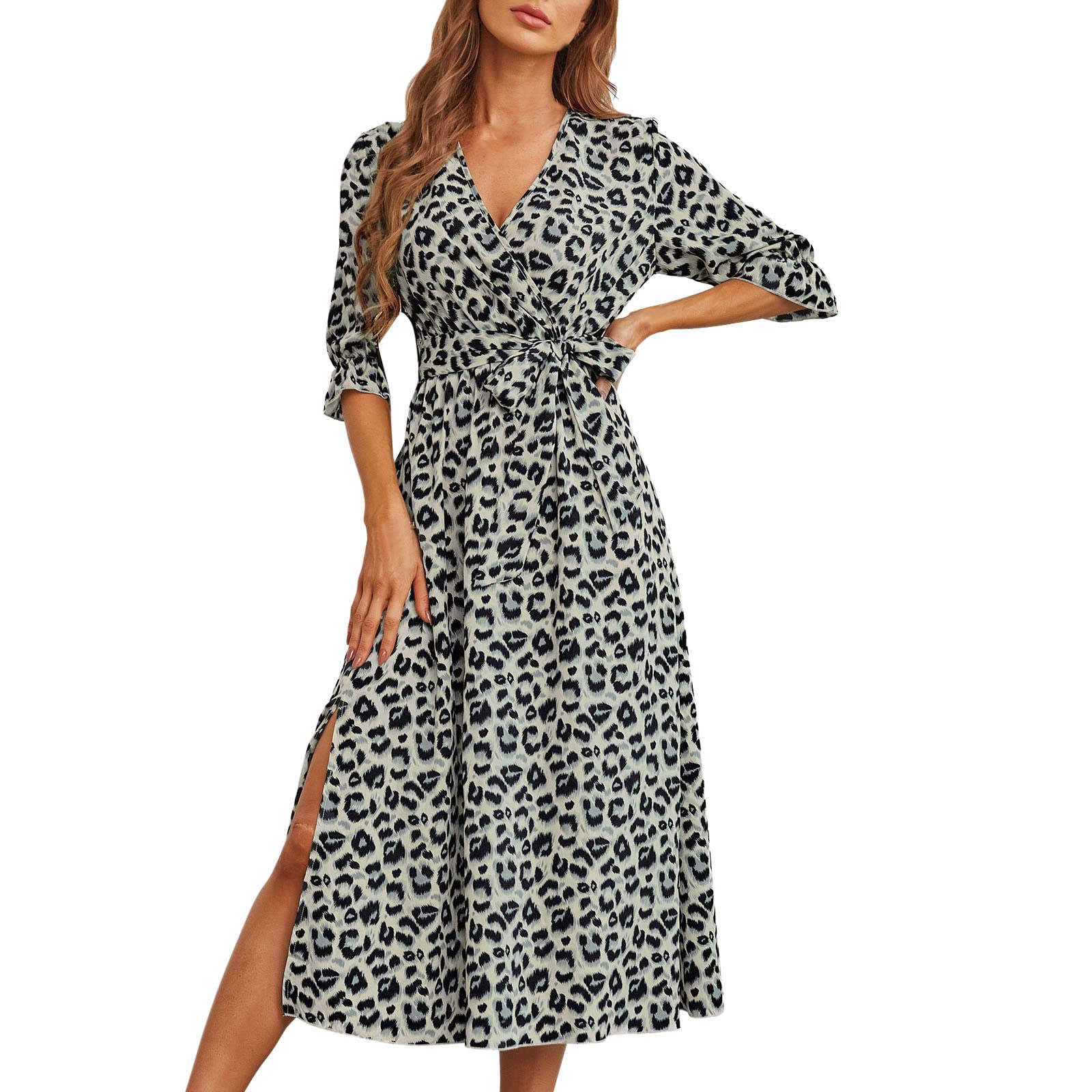 Women's Leopard Print Midi Dress with Long Sleeves, High Waist & Button Front - Stylish A-Line Dress with Drawstring Belt for Casual, Office & Party Wear