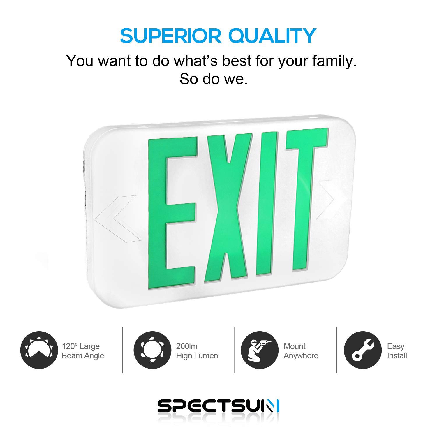 SPECTSUN 6-Pack LED Exit Sign with Battery Backup - Green Emergency Exit Light, 120V/277V Hardwired Combo with Arrow, Wall/Ceiling Mount Fire Safety Sign - Perfect for Offices, Schools, and Commercial Buildings