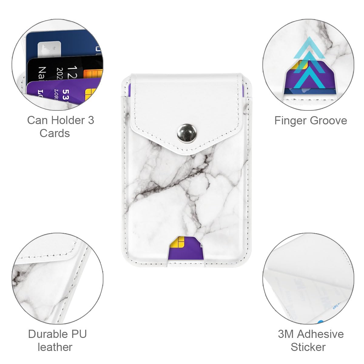 Leather RFID Phone Wallet with Snap - Self Adhesive Card Holder for Back of Phone - White Marble Design - Perfect for Credit Cards, IDs & Transit Passes - Ideal for Work, Travel & Everyday Use