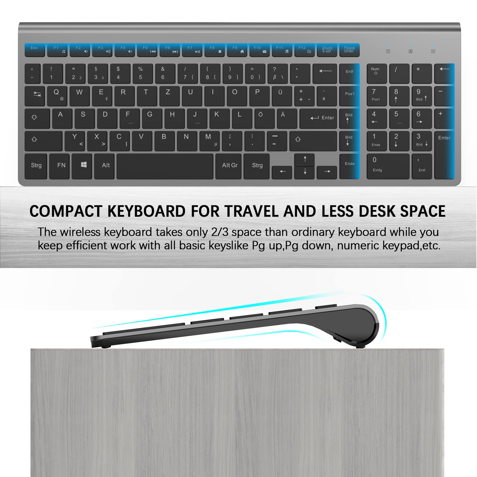 JOYACCESS Wireless Keyboard and Mouse Set, 2.4G Ultra-Thin Keyboard with Mouse, QWERTZ Layout (German), Ergonomic Keyboard Mouse Combo for Computer/Desktop/PC/Laptop - Windows 10/8/7, Black & Gray - Perfect for Office, Home, and Gaming Use