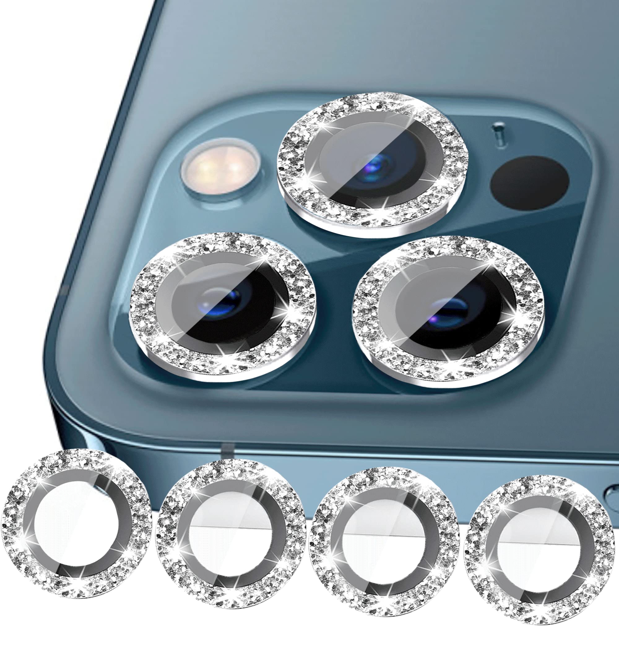 3 Pack Bling Camera Lens Protector for iPhone 12/12 Pro/12 Mini/11/11 Pro/11 Pro Max - HD Tempered Glass Screen Protector with Glitter Design - Silver Back Cover Accessories for Photography & Daily Protection