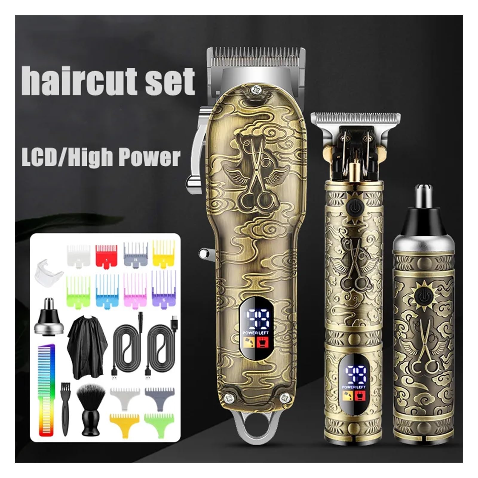 Professional Electric Barber Razor Set - Push & Shear Clipper with Oil, Nose Hair Trimmer & Carving Pusher - Bronze Gift Box for Men's Grooming | Perfect for Home Haircuts, Beard Trimming & Personal Care