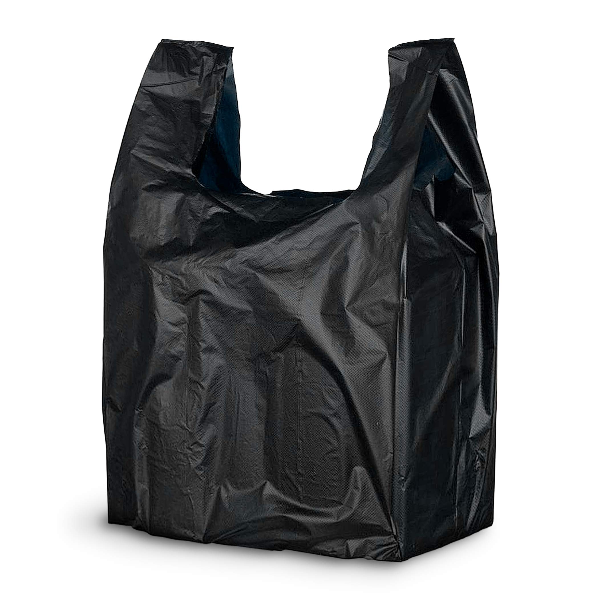 APQ 500 Pack Black Plastic Shopping Bags 15x7x26 Inches - 0.65 Mil Thickness Plain Carry-Out T-Shirt Bags with Handles - Durable Polyethylene Retail Bags for Groceries, Clothes & Shopping - Perfect for Retail Stores, Boutiques & Supermarkets