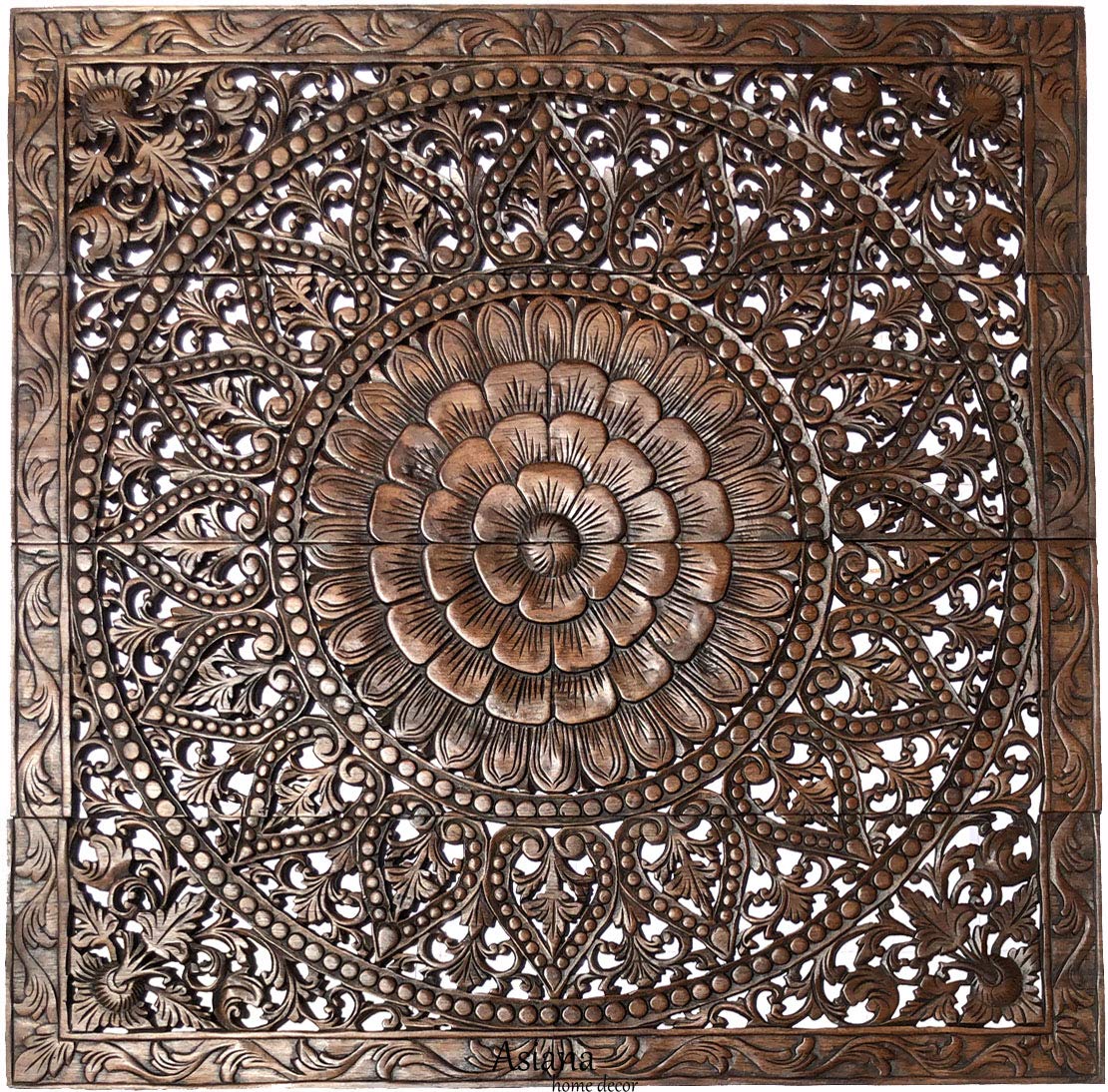 Large Bali Tropical Wood Carved Wall Headboard Panel - Floral Wood Wall Hanging Decor 48