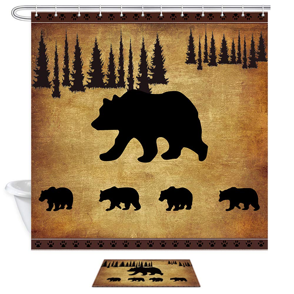 JAWO Black Bear Shower Curtain and Bath Mat Set - Rustic Cabin Decor with Animal Print, 69x70 Inch Fabric Shower Curtain & Bathroom Rug - Perfect for Cabin, Lodge, or Nature-Themed Bathroom Decor