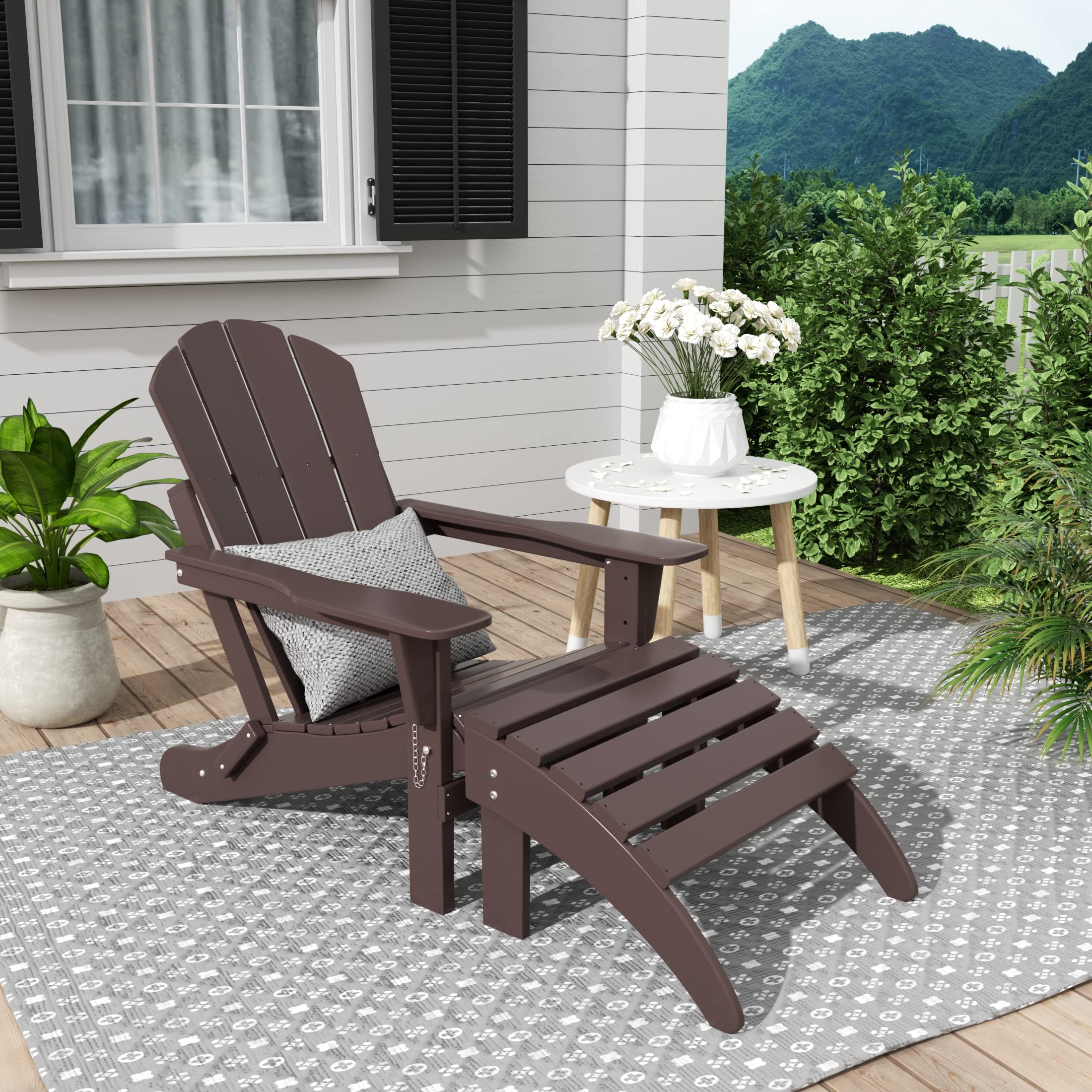 WestinTrends Malibu 2-Piece Outdoor Lounge Chair Set with Ottoman - All-Weather Poly Lumber Adirondack Patio Chairs for Poolside, Garden, Backyard & Beach Relaxation - Foldable Dark Brown Lawn Furniture for Ultimate Comfort