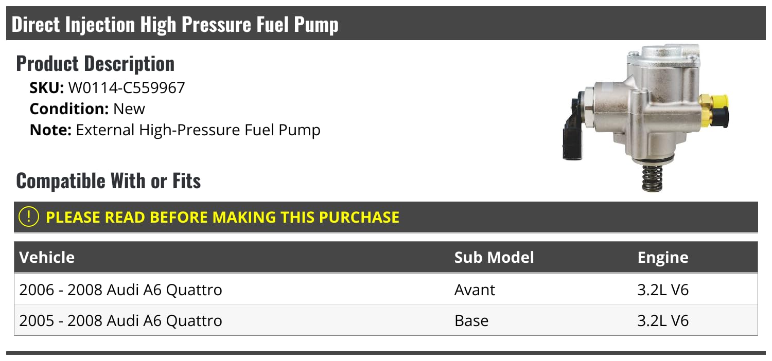 High Pressure Fuel Pump for 2005-2008 Audi A6 Quattro 3.2L V6 - Direct Injection Replacement Part - Perfect for Engine Performance Upgrades & Fuel System Maintenance