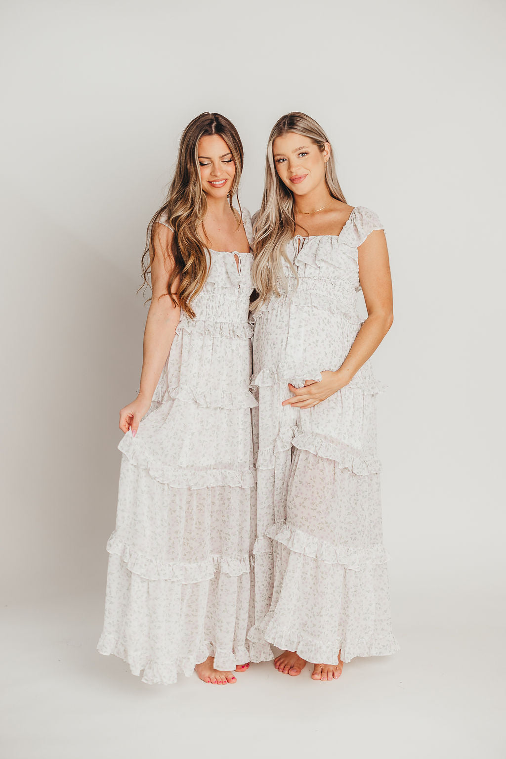 Astrid Ruffle Detail Maxi Dress in Lavender Floral - Bump Friendly Maternity Dress for Pregnancy & Nursing | Perfect for Baby Showers, Weddings & Summer Vacations