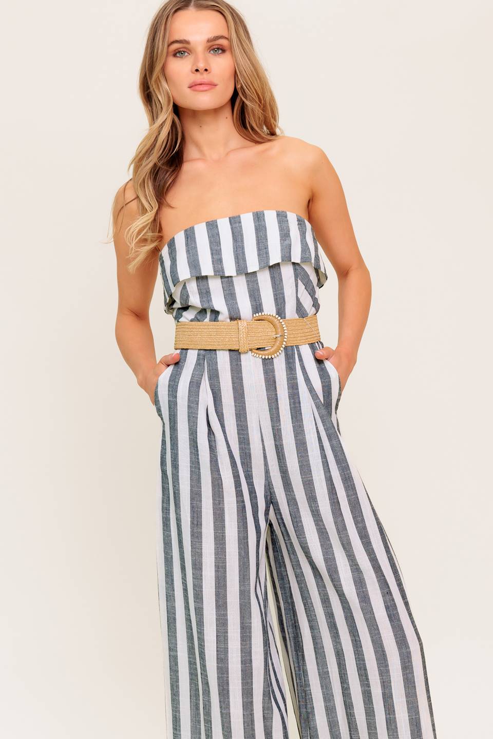 GREER Women's Strapless Jumpsuit - White & Charcoal Striped Romper for Summer, Beach, and Party Wear