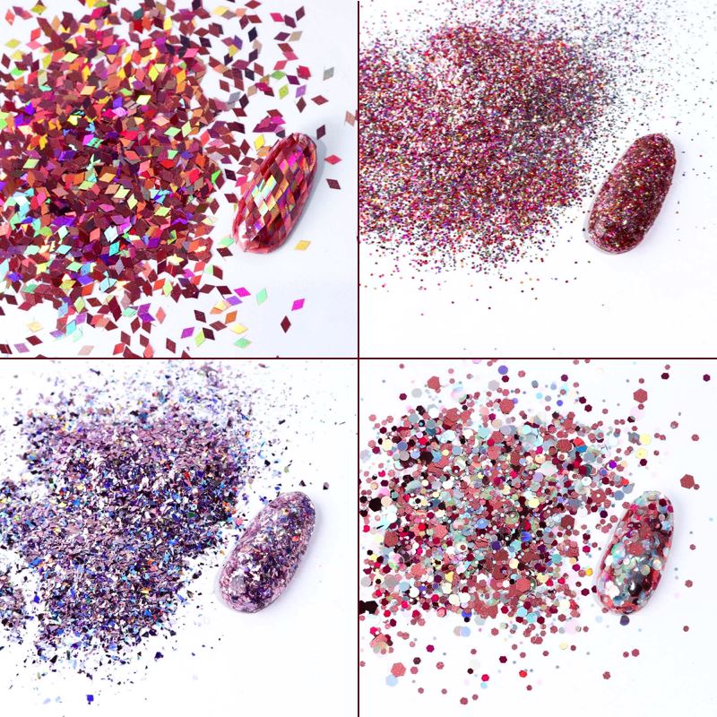 Pink Rose Glitter Flakes for Nails - 8pcs Nail Art Set with Jars - Perfect for DIY Manicures, Acrylic Nails & Gel Polish Designs