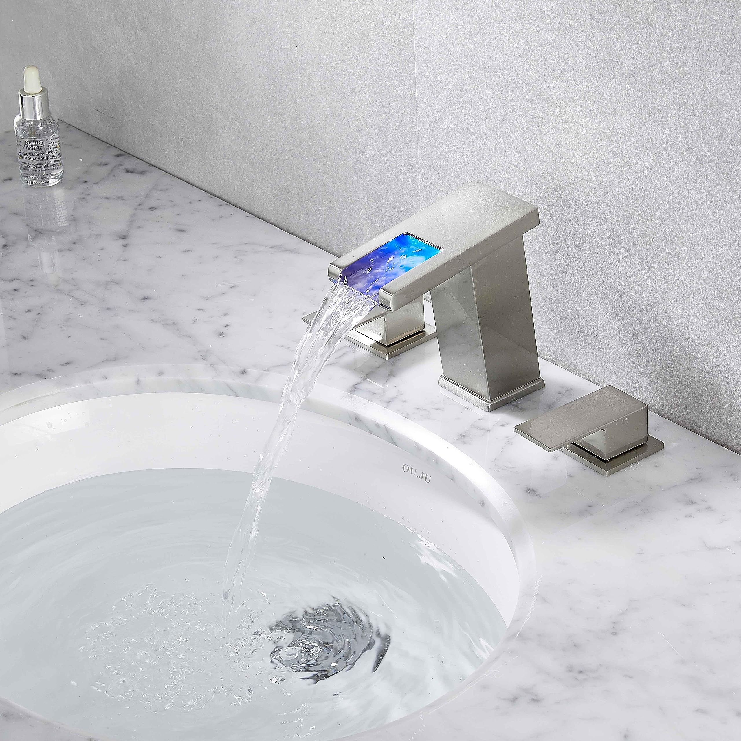 8 Inch Brushed Nickel LED Light Widespread Bathroom Faucet - Modern Waterfall Vanity Sink Faucet with Pop-Up Drain & Supply Hose - Perfect for Bathroom Renovation & Luxury Home Decor