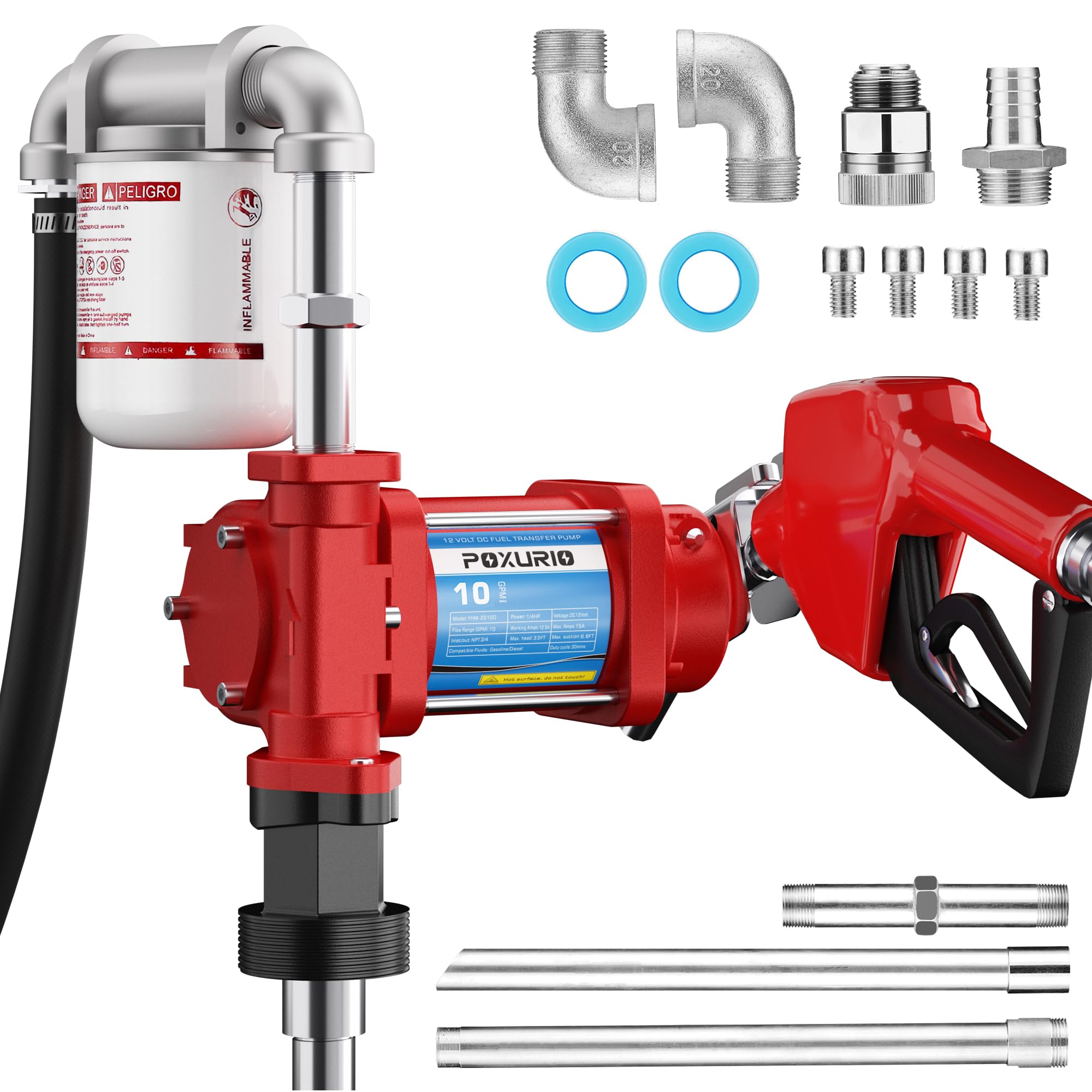 12V Heavy Duty Fuel Transfer Pump - 10GPM Gasoline/Diesel/Kerosene/Biodiesel Pump with Discharge Hose & Automatic Nozzle - Perfect for Farm Equipment, Marine Fuel Transfer & Emergency Fuel Supply