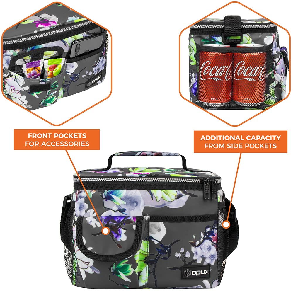 OPUX Insulated Lunch Bag for Men & Women - Leakproof Floral Grey Lunch Box for Work & School - Portable Soft Cooler Bag with Adjustable Shoulder Strap - Perfect for Adults & Kids (14 Can/8L Capacity) - Ideal for Office, Picnics, Hiking & Daily Commute