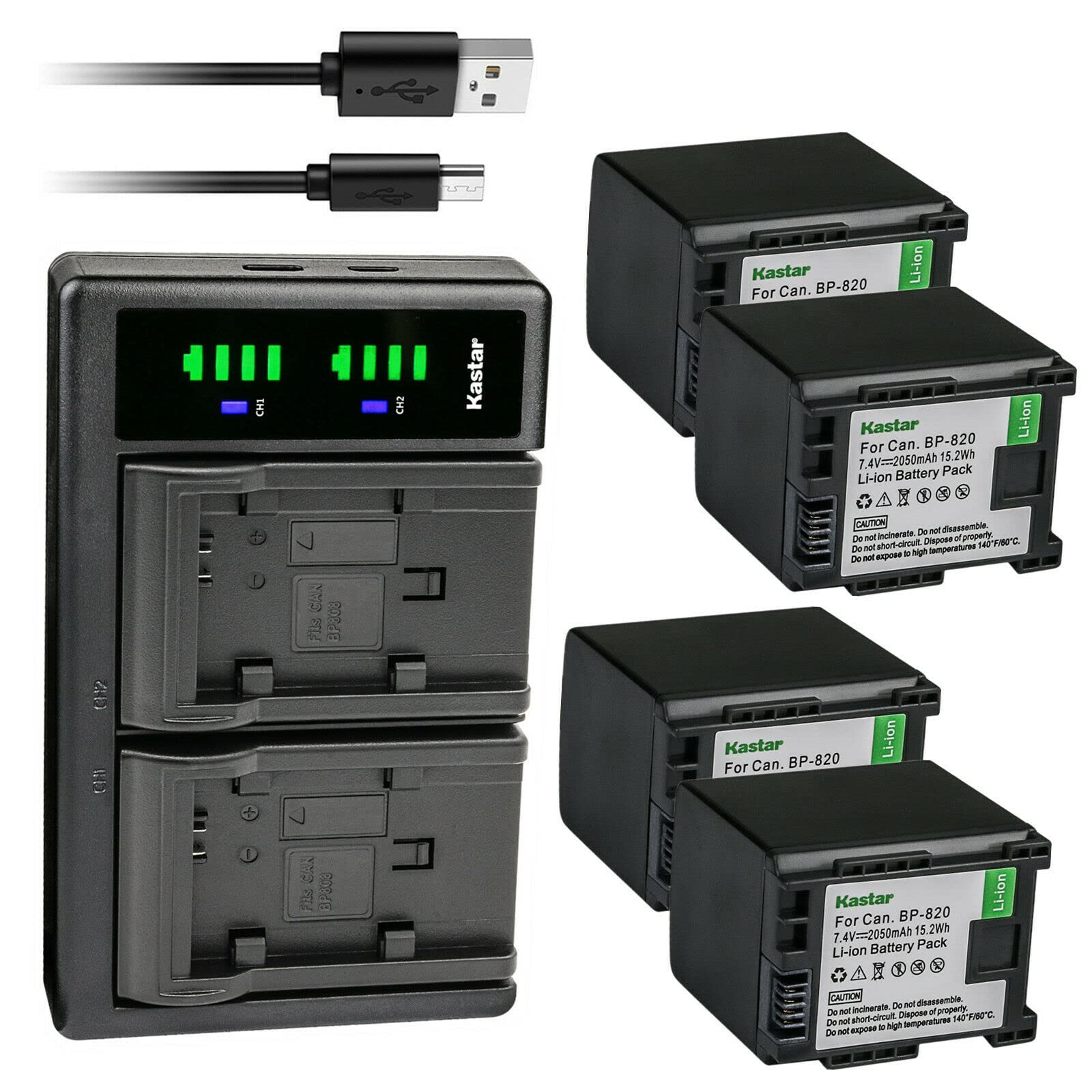 Kastar 4-Pack BP-820 BP-828 Replacement Batteries with LTD2 USB Charger for Canon XF400 XF405 XA10 XA11 XA15 XA20 XA25 XA30 XA35 XA40 Cameras - Perfect for Travel, Vlogging & Professional Video Shooting
