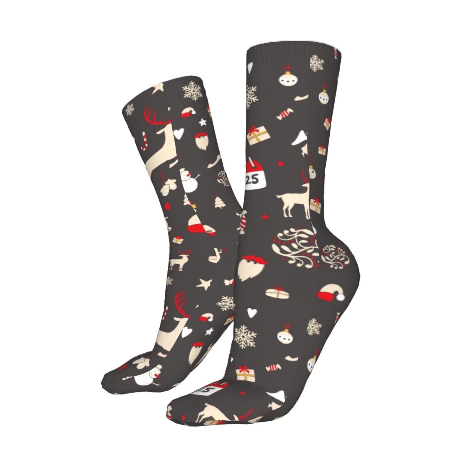 AOTOSE Christmas Themed Men's & Women's Athletic Ankle Socks - Black Yellow Deer, Bell, Snowflake, Ribbon, Tree & Snowman Designs - Cushioned Cotton Crew Socks for Running, Sports & Holiday Gifts