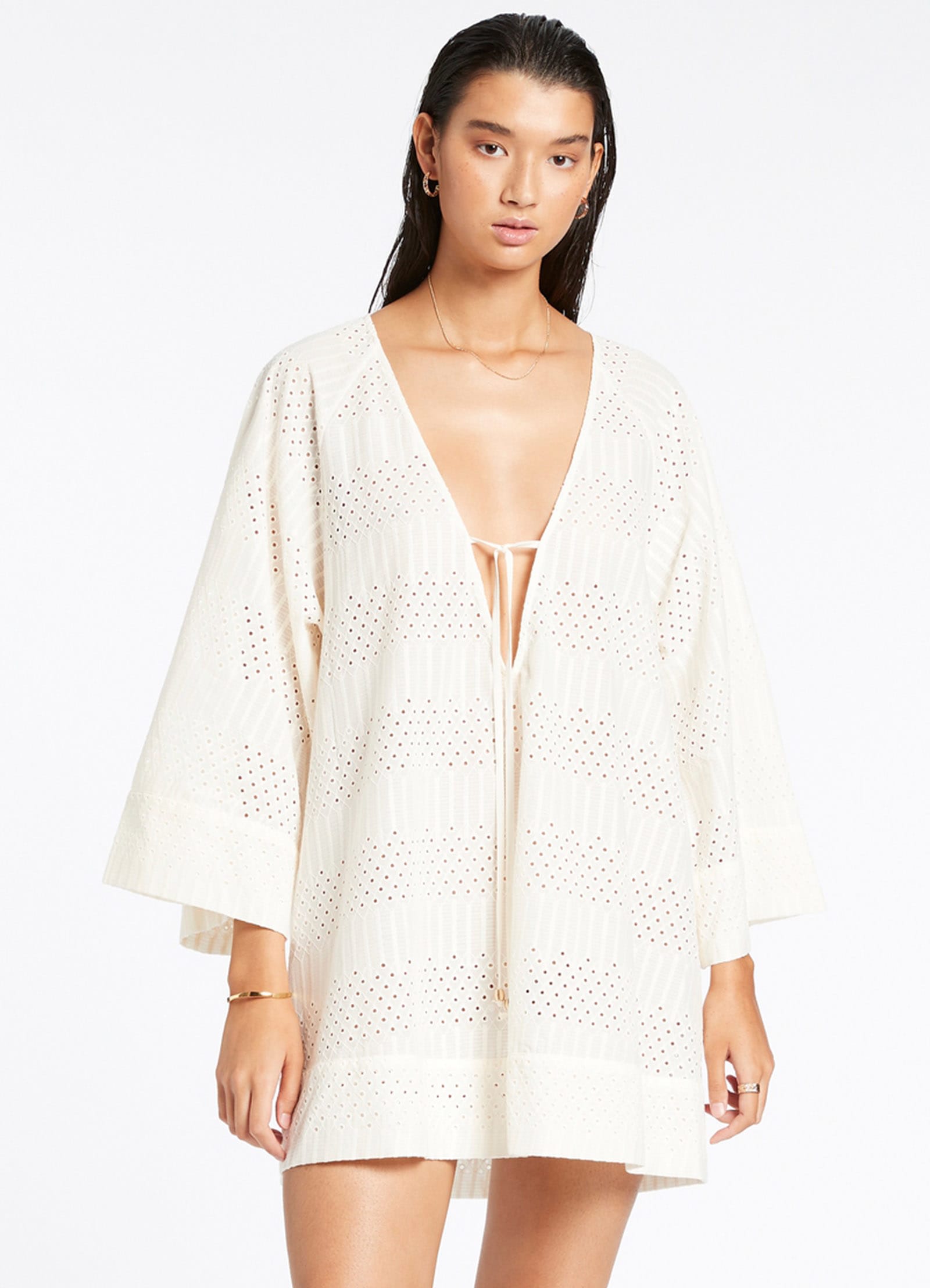 Elegant Cream Broderie Kaftan Dress - Flowy Boho Maxi Dress for Women - Perfect for Beach Vacations, Summer Parties & Resort Wear