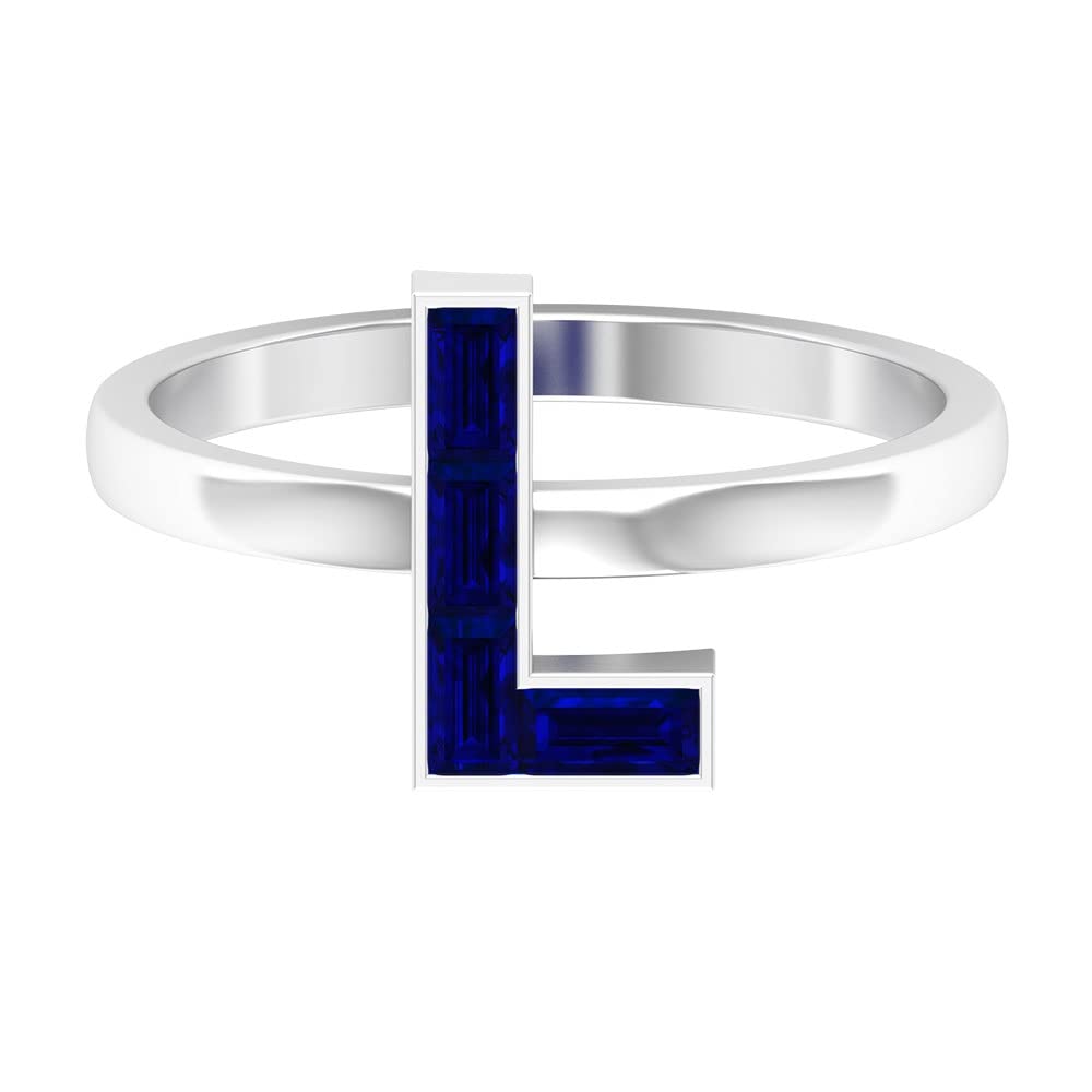 Lab Created Blue Sapphire Alphabet Initial Rings A-Z | 14K White Gold Baguette Letter Rings | Personalized Name Jewelry for Gifts, Engagements & Special Occasions