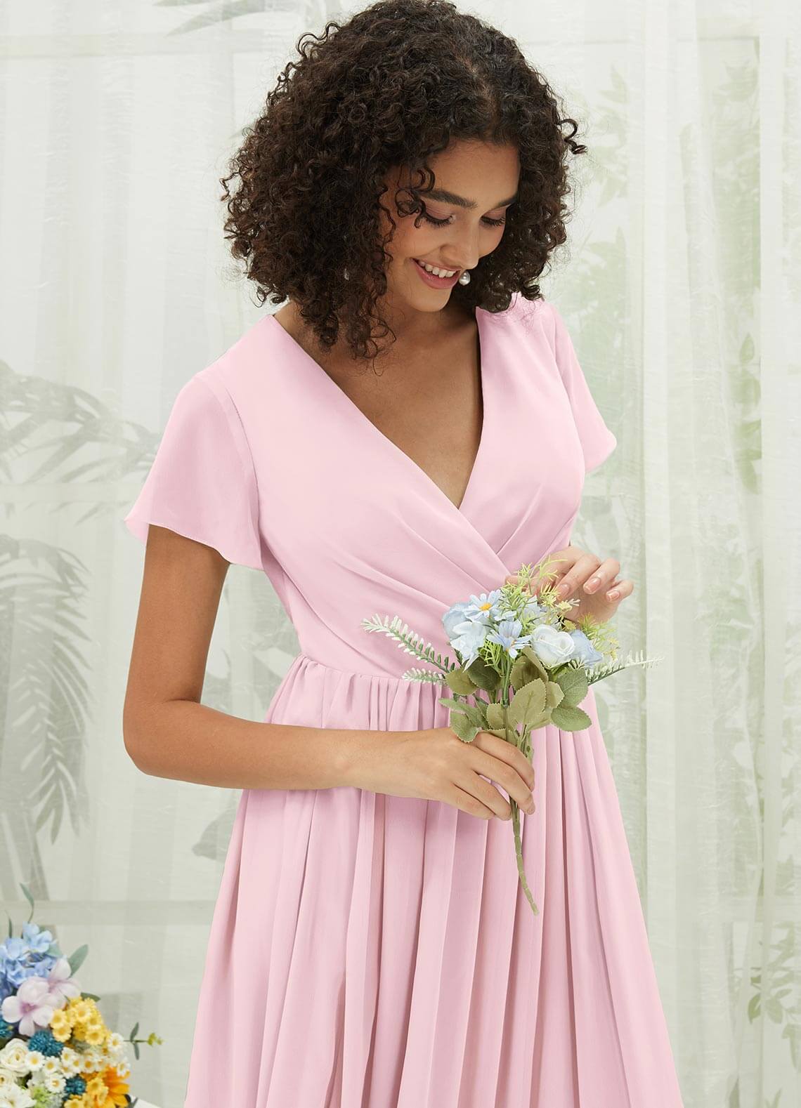 Elegant Blush Chiffon Short Sleeve V-Neck Wrap Pleated Bridesmaid Dress for Weddings & Formal Events | Perfect for Bridal Party, Evening Gowns & Special Occasions