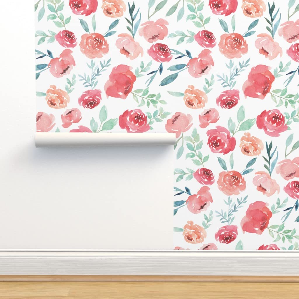 Peel and Stick Wallpaper 9ft x 2ft - Watercolor Floral Design, Romantic Pink Blush White Flowers, Removable Nursery Wallpaper for Baby Girl Room Decor | Perfect for Bedroom, Nursery, and Home Accent Walls