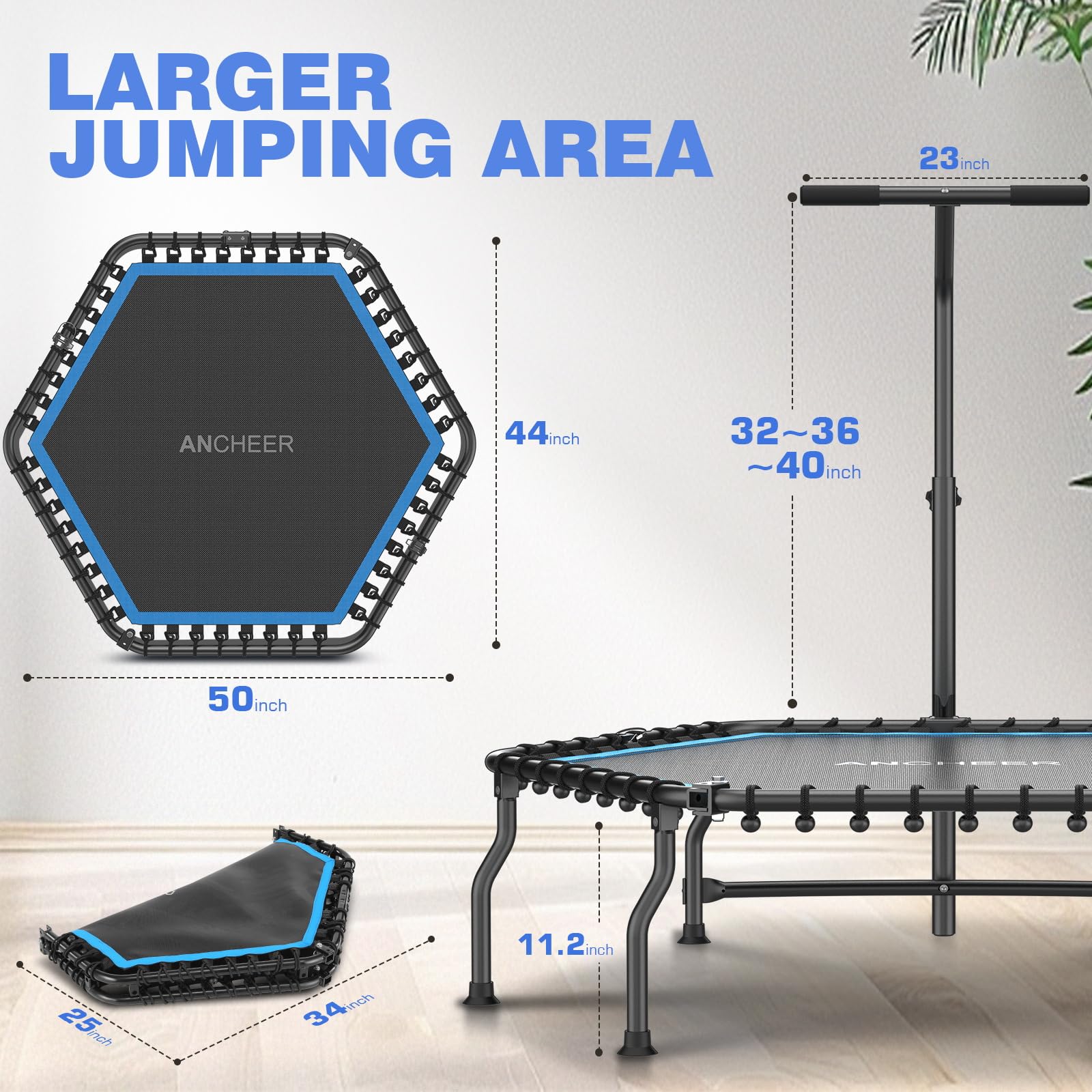 ANCHEER 50 Inch Foldable Rebounder Trampoline with Safety Bar - 450/550lbs Weight Capacity Exercise Trampoline for Adults - Perfect for Indoor Fitness & Outdoor Garden Workouts - Home Gym Equipment for Cardio & Weight Loss