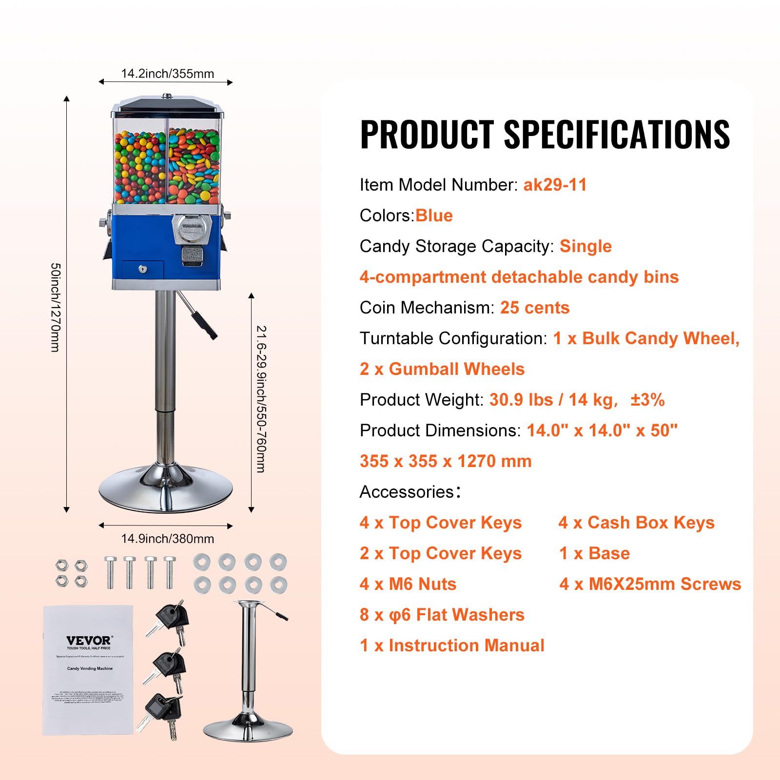 VEVOR Commercial Vending Machine - 4 Compartment Rotatable Gumball & Candy Dispenser with Adjustable Height & Iron Stand | Coin Operated for Gumballs, Candy, Toy Capsules, Bouncy Balls, Nuts | Perfect for Retail Stores, Arcades, Restaurants & Business Use (Blue)