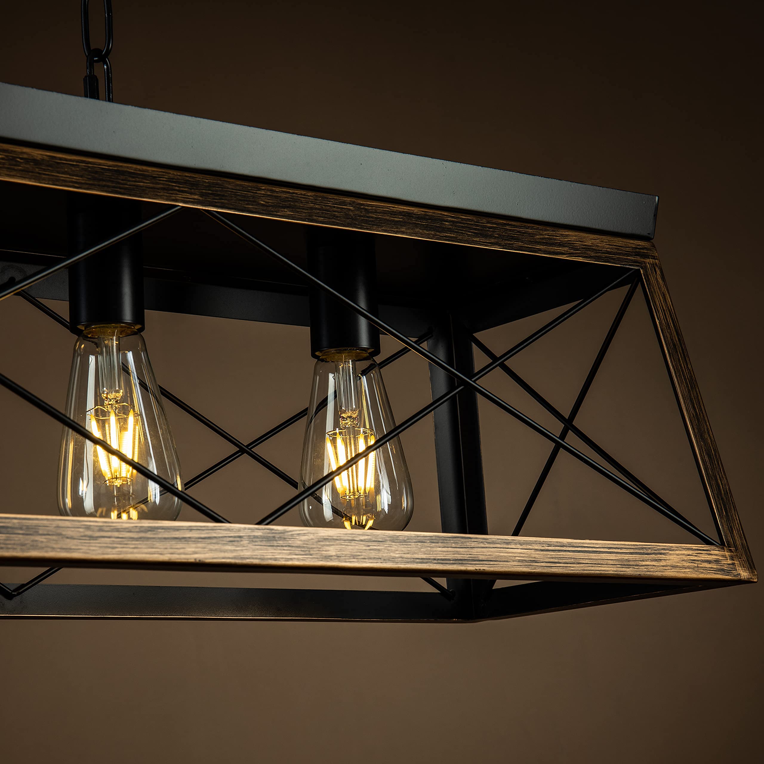 Modern Farmhouse 5-Light Rectangular Chandelier - Rustic Solid Wood Dining Room Pendant Light - Matte Black Industrial Geometric Kitchen Island Lighting - Perfect for Farmhouse, Dining Table, and Kitchen Decor