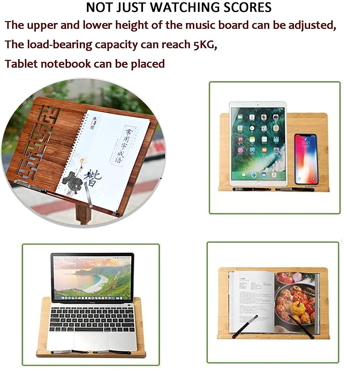 Miwayer Adjustable Bamboo Music Stand - Foldable & Portable with Wide Wooden Bookplate - Perfect for Orchestra, Band Practice & Home Music Studio (Triangle Steel Bracket)