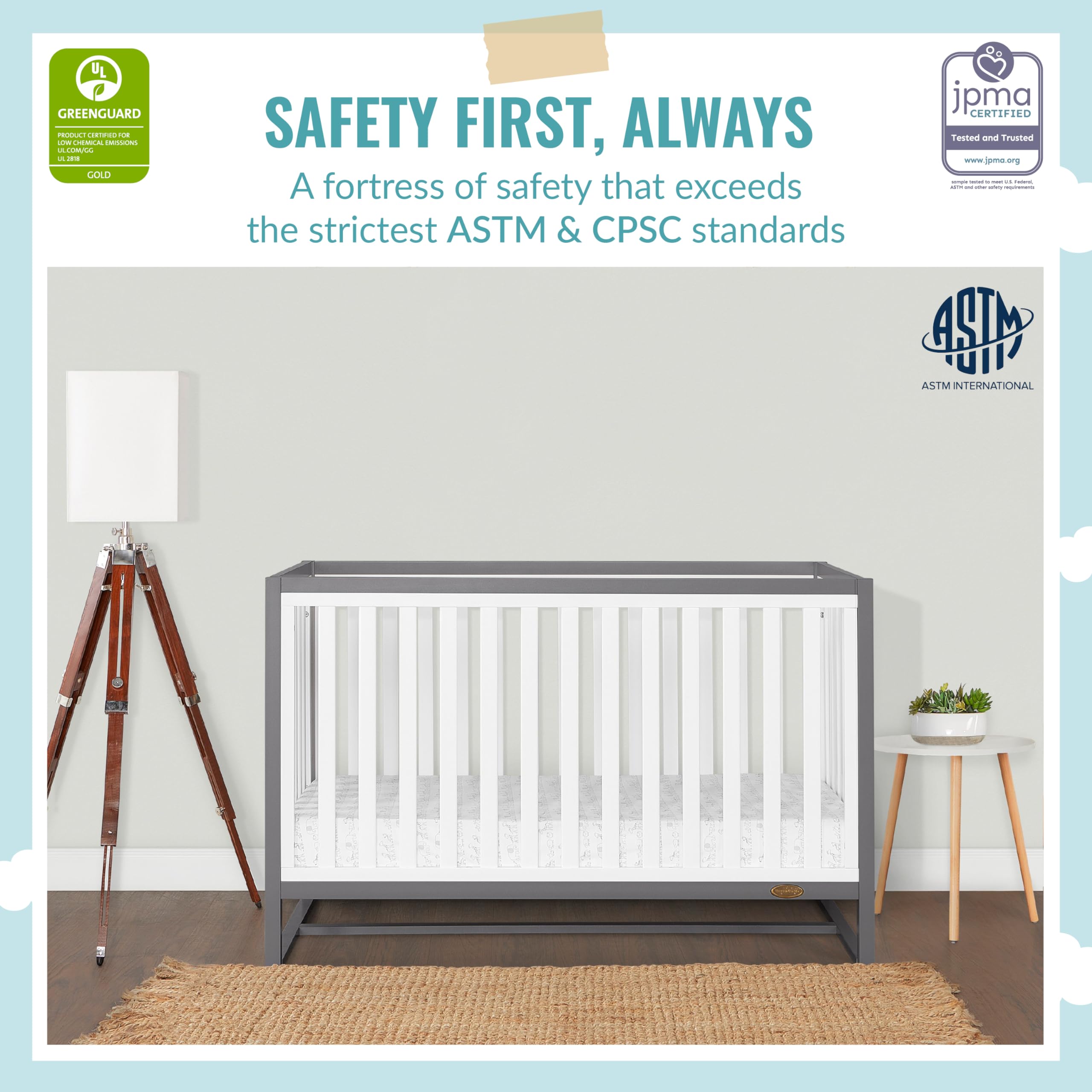 Dream On Me Arlo 5-in-1 Convertible Crib - Steel Grey & White | JPMA Certified | Adjustable Mattress Heights | Non-Toxic & Sustainable Pinewood | Nursery & Toddler Room Essential