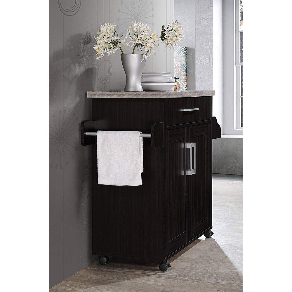 Hodedah Kitchen Island with Spice Rack, Towel Rack & Drawer - Chocolate Finish with Grey Top - Perfect for Small Kitchens, Pantry Organization & Extra Counter Space