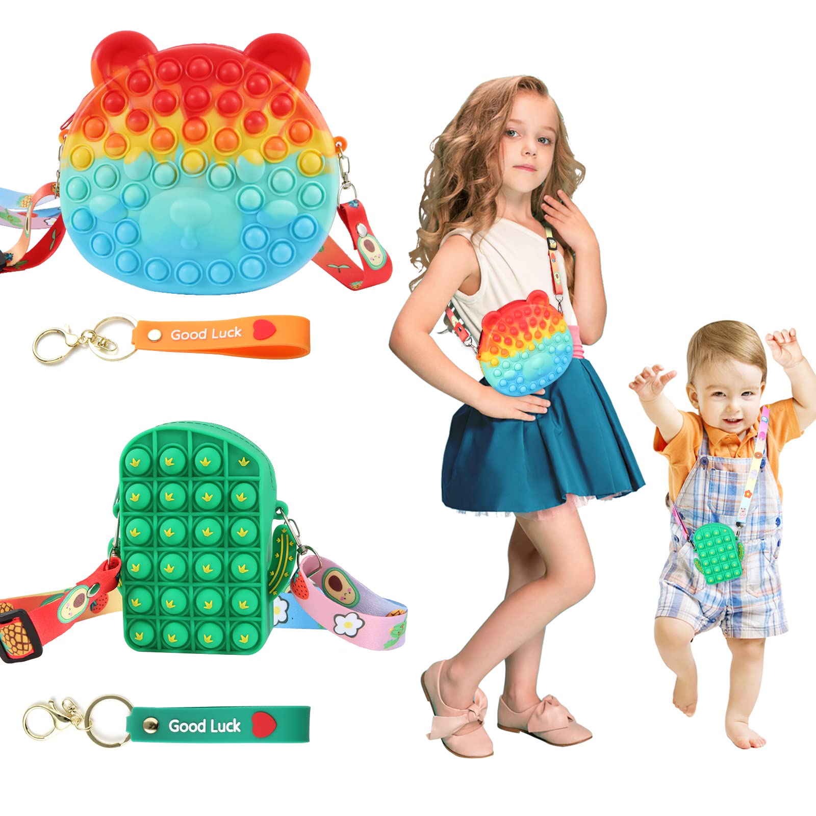 2 Pack Rainbow Pop Fidget Cactus Pencil Pouch & Shoulder Bag - Sensory Fidget Toys for Girls, Kids Stress Relief - Perfect for School, Birthday Gifts & Party Favors (Bear & Cactus Design)