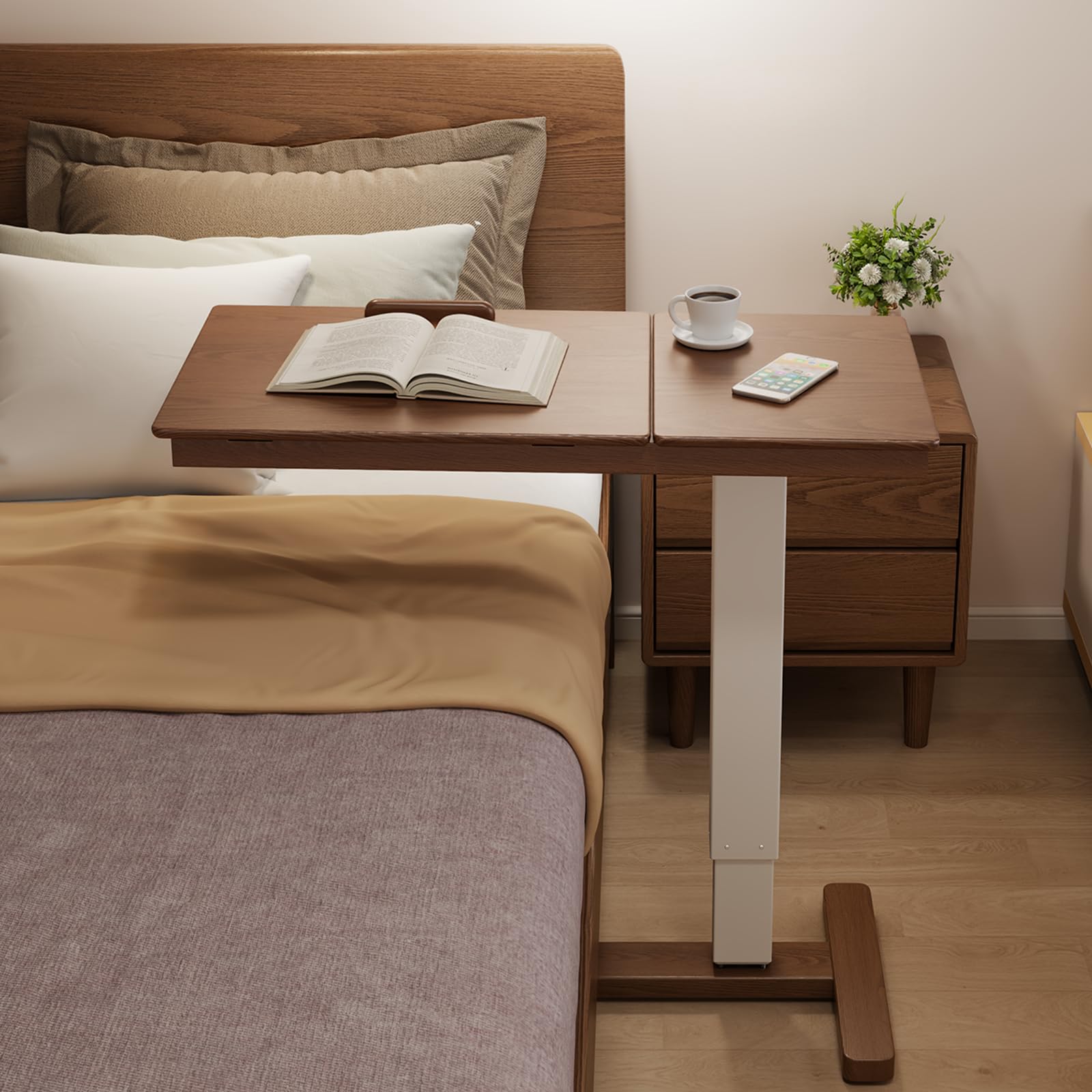 Adjustable Solid Wood Overbed Table with Wheels - Tilt Top Hospital Bedside Table, Rolling Bed Desk for Home & Medical Use (Walnut) - Perfect for Eating, Working & Reading in Bed or Recovery