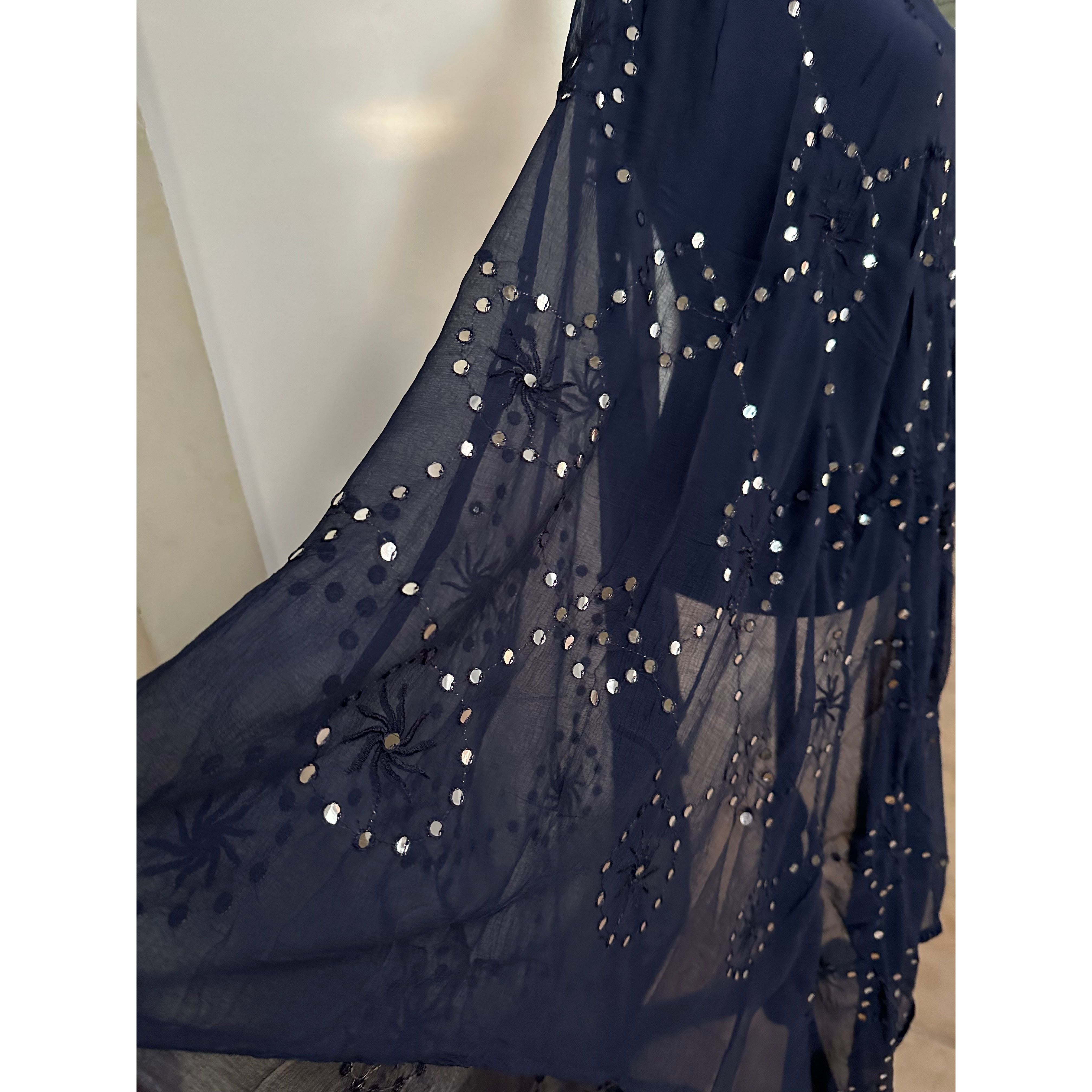 Elegant Dark Blue Dupatta with Mirror Embroidery - Perfect for Weddings, Parties & Festive Occasions