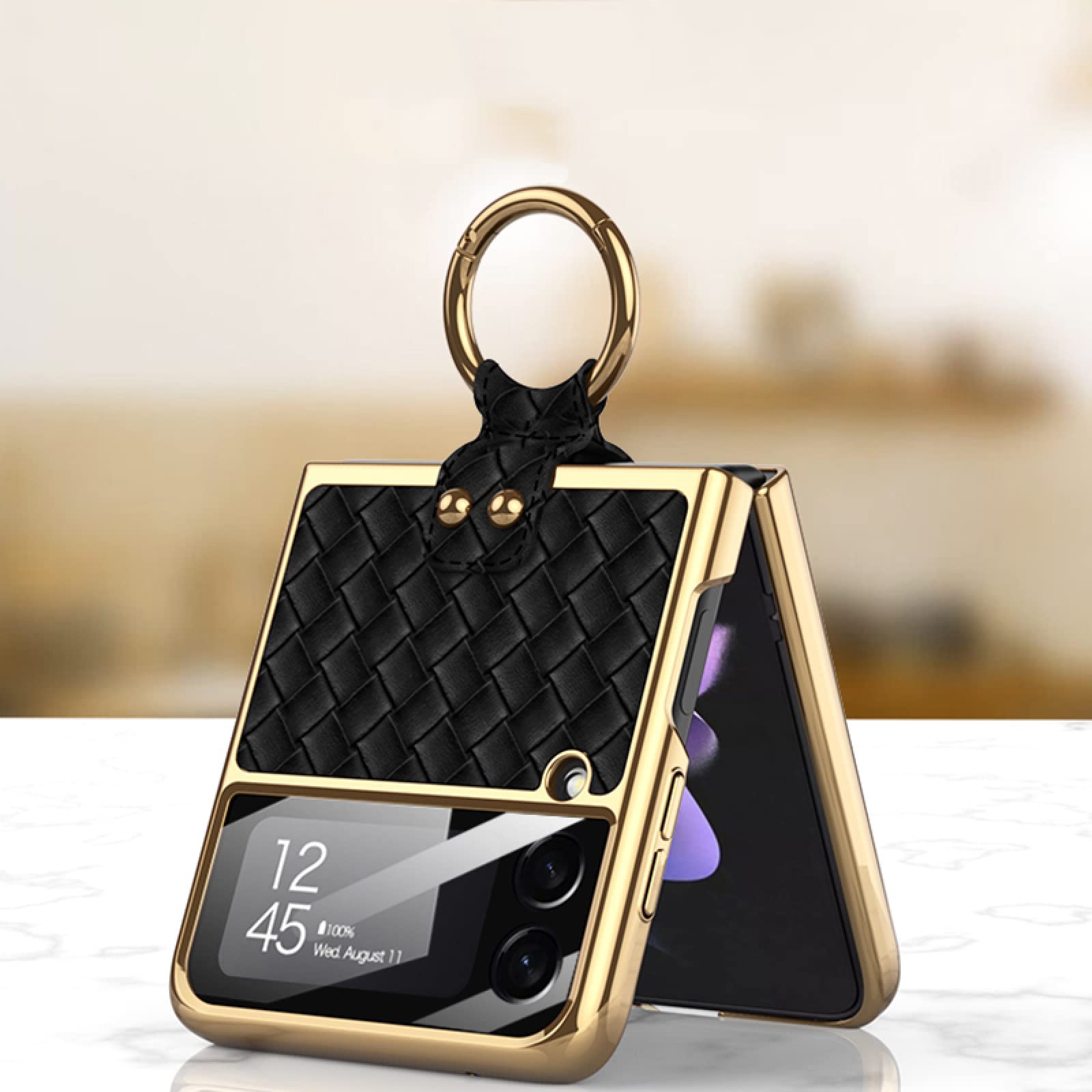 Premium Woven Leather Case for Samsung Galaxy Z Flip 3 | Electroplating Ring Design | Slim Protective Cover for Women | Perfect for Work, Travel & Everyday Use