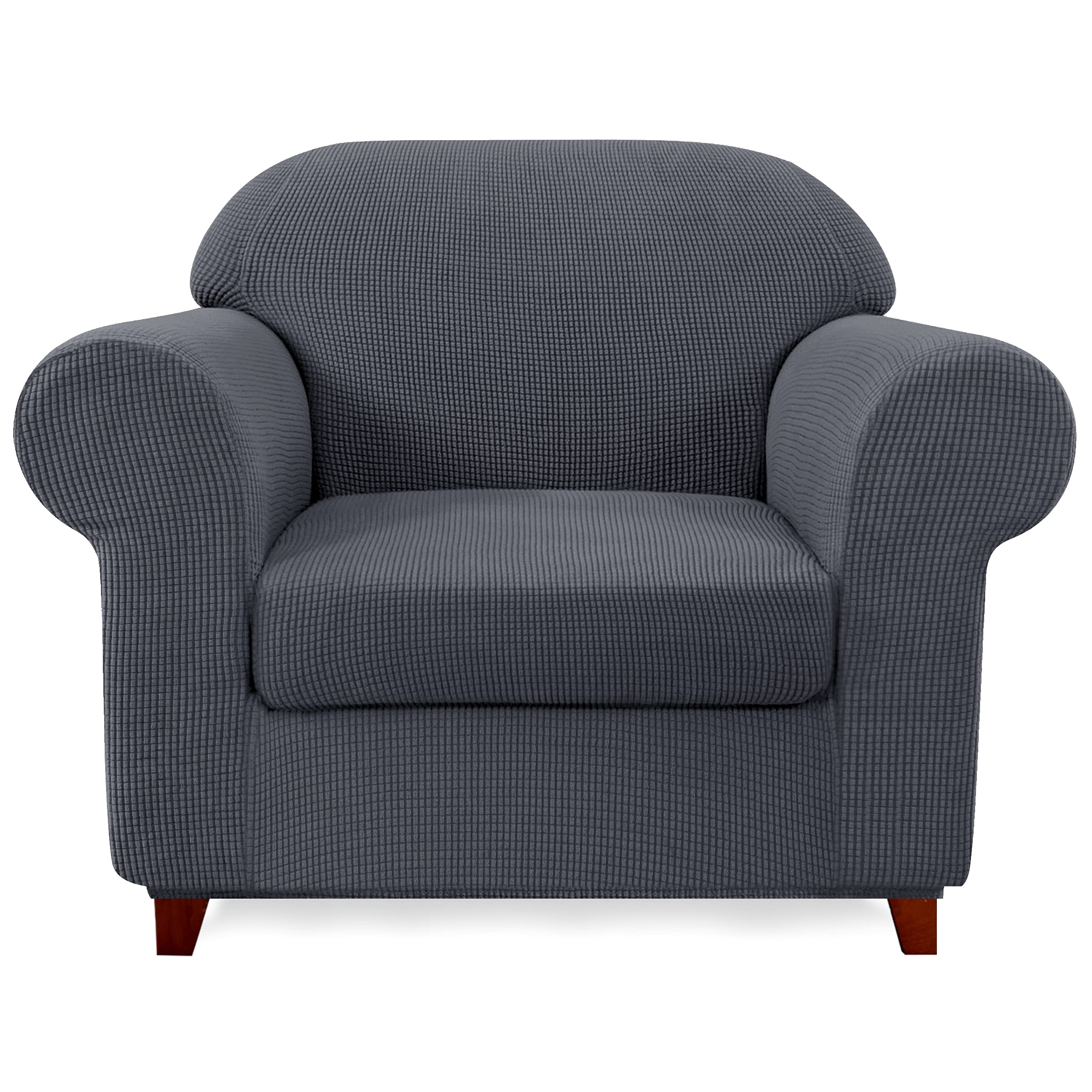 SUBRTEX Stretch Armchair Sofa Slipcover - 2-Piece Washable Jacquard Fabric Couch Cover for 1-Seater Chairs, Soft Furniture Protector with Small Check Pattern (Gray) - Perfect for Living Room, Office & Home Decor
