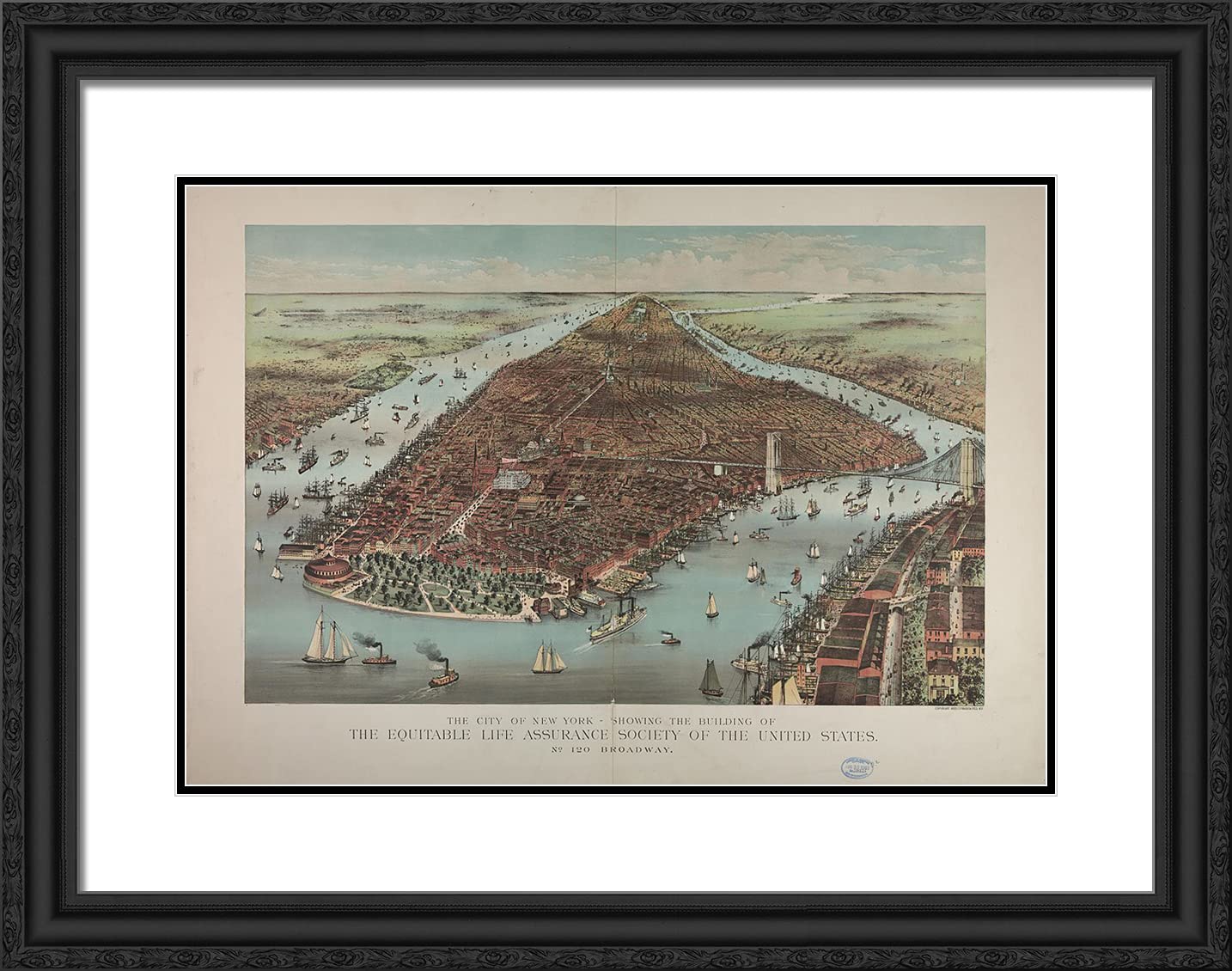 Vintage Currier and Ives Framed Art Print - 24x19 Black Ornate Frame with Double Mat, City of New York Historical Scene Featuring Equitable Life Assurance Society Building - Perfect for Home Office Decor, Victorian Style Living Room, or Classic Art Collection