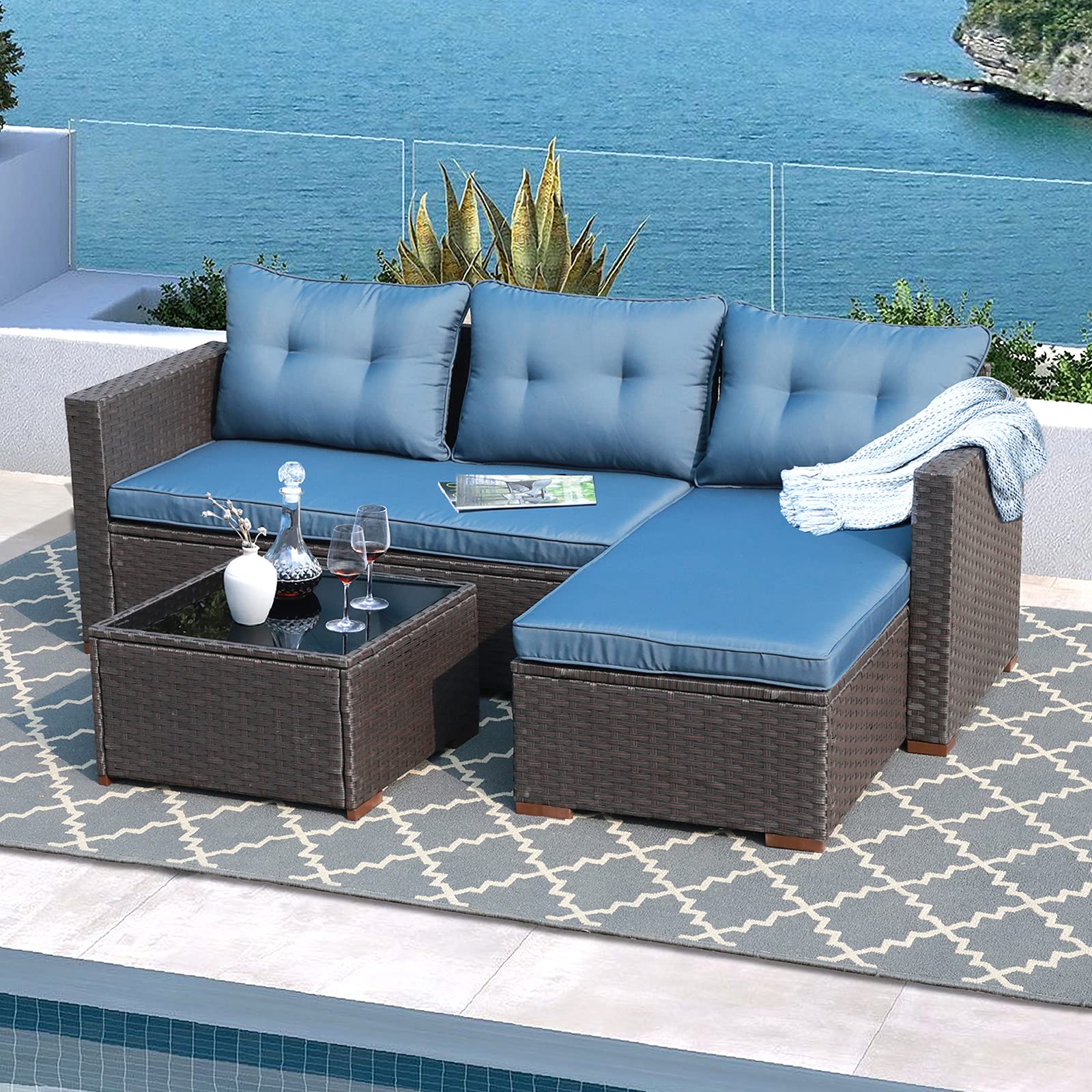 All-Weather PE Wicker Outdoor Patio Furniture Set - 5-Piece Sectional Sofa with Tempered Glass Coffee Table in Aegean Blue - Perfect for Backyard, Garden, Poolside & Balcony Relaxation