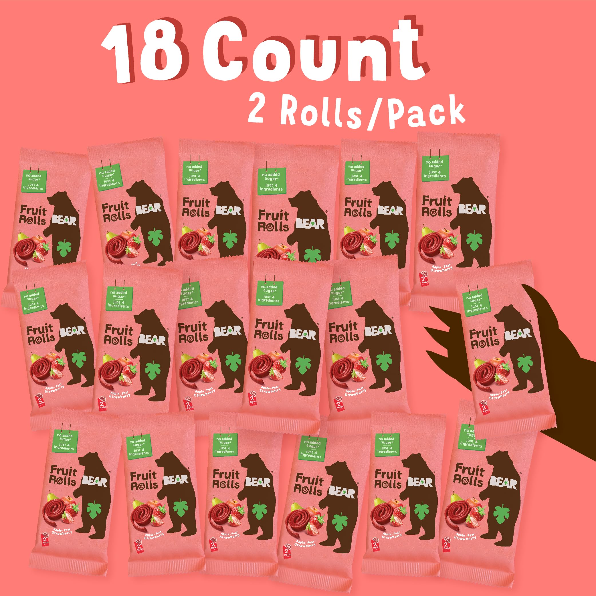 BEAR Real Fruit Snack Rolls - Gluten Free, Vegan, Non-GMO Strawberry Snacks - Healthy School & Lunch Snacks for Kids & Adults - 0.7oz (18 Pack) - Perfect for On-the-Go, Travel & After-School Treats