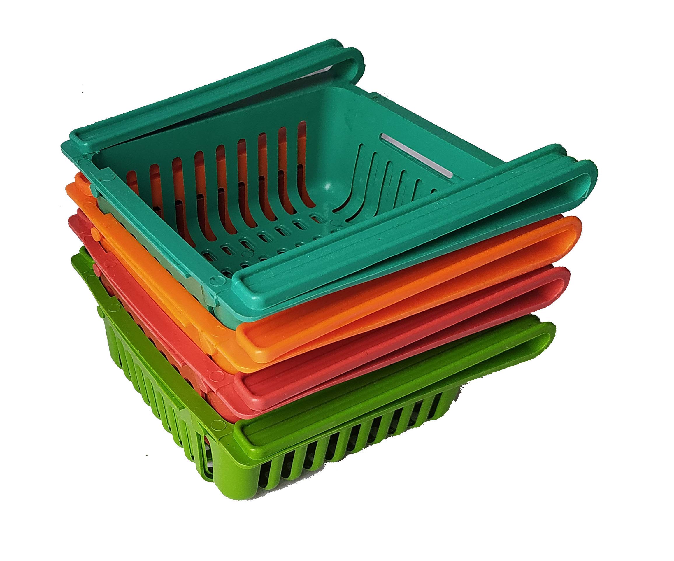Kitchwish Adjustable Refrigerator Storage Basket - 4 Pack Plastic Kitchen Organizer for Fruits & Vegetables - Fridge Door Shelf & Cabinet Organizer - Perfect for Kitchen, Pantry & Refrigerator Organization