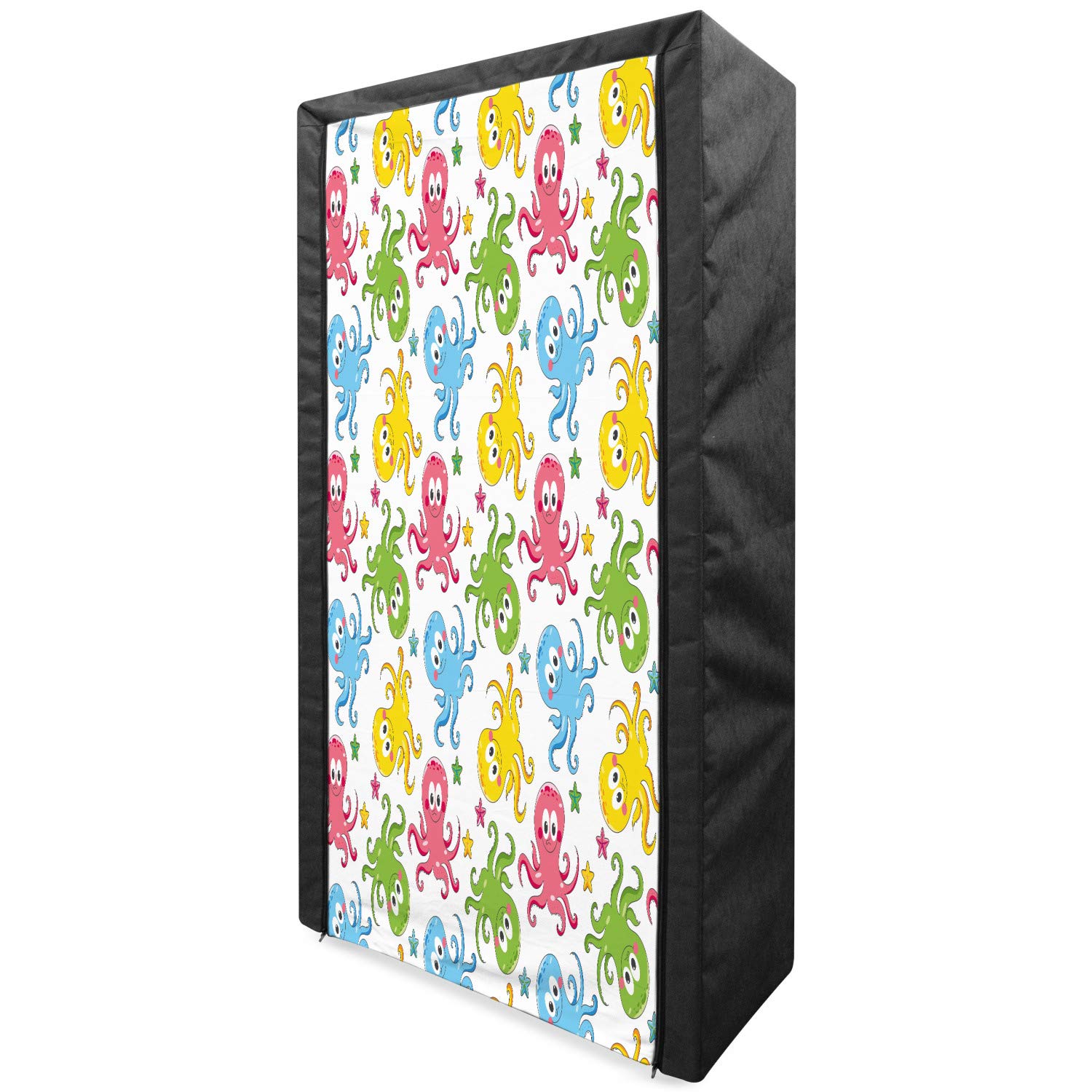 Ambesonne Octopus Portable Fabric Wardrobe - Ocean Animal Cartoon Design with Starfish & Shelves, 33.5 Inch Multicolor Clothing Organizer | Perfect for Kids' Room, Dorm Storage & Beach House Decor