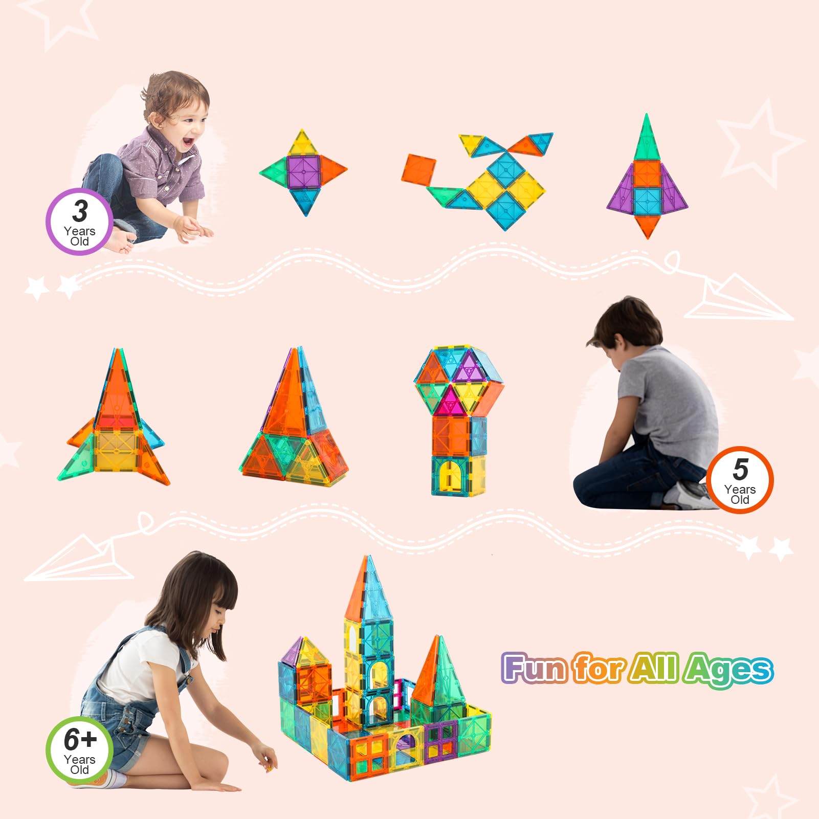 96 Pcs Magnetic Tiles - 3D Building Blocks STEM Educational Toys for Kids Ages 3+, Magnet Puzzles for Toddlers Boys & Girls - Perfect for Preschool Learning, Creative Play & Family Bonding (NF-96 Set)