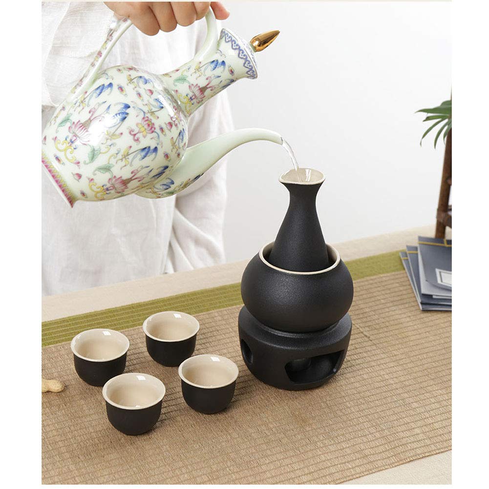 Premium Japanese Sake Warmer Set - 7-Piece Traditional Porcelain Hot Saki Drink Kit with Stove, Warming Bowl, Sake Bottle & 4 Cups (Candle Not Included) - Perfect for Home Entertaining, Japanese Restaurants & Cultural Events