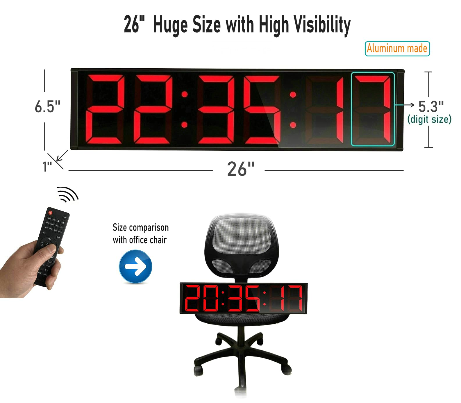 26'' Large Digital Wall Clock with Countdown, Stopwatch & 7-Color LED - 8 Alarms, Calendar, Temperature Display - Perfect for Home Gym, HIIT, Tabata, FGB, EMOM Workouts (Red) | Ideal for Fitness Studios, Offices & Living Rooms