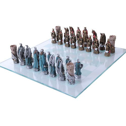 King Arthur Legend Chess Set with Glass Board - Medieval Themed Collector's Chess Game for Adults - Perfect for Home Decor, Game Nights & Gift Giving