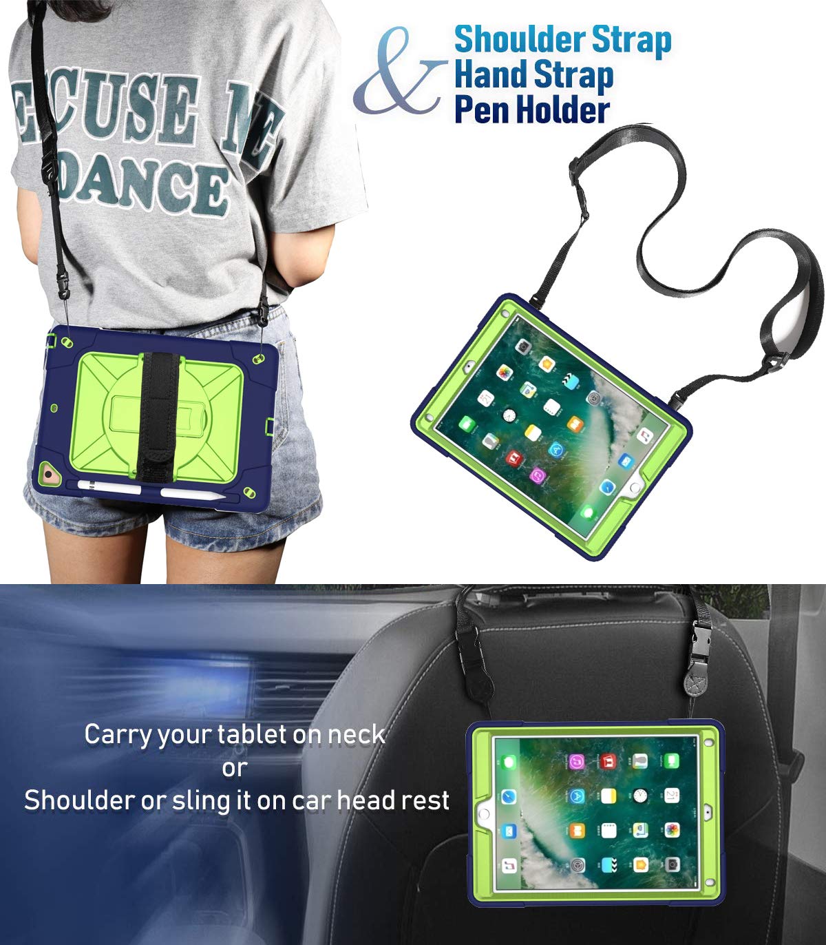 360° Rotating Handle Shockproof iPad Case with Kickstand & Pencil Holder - Compatible with iPad Air 2, iPad Pro 9.7 (2016), iPad 6th/5th Gen & New iPad 9.7 (2017/2018) | Navy Blue & Olive Green | Perfect for Work, Travel & School Use